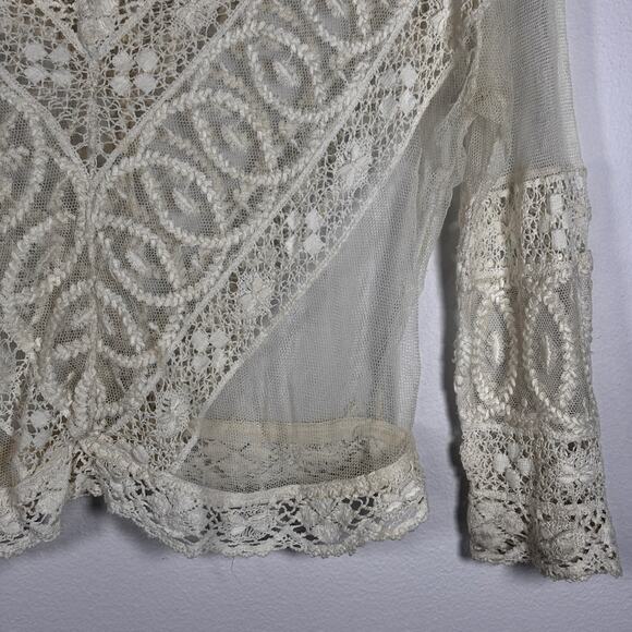 Antique Edwardian Net Lace Blouse Floral Embroidery Crochet Silk Cotton 1900s - Picture 15 of 16